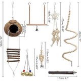 Vogel papegaai speelgoed, 7 stuks, kokosnoot vogelkooi met ladder, hangend zwaaien, klimmen, hangmat, gedraaide ladder, hout, kauwspeelgoed, klokken voor parkieten, Conure, Ara's, vinken