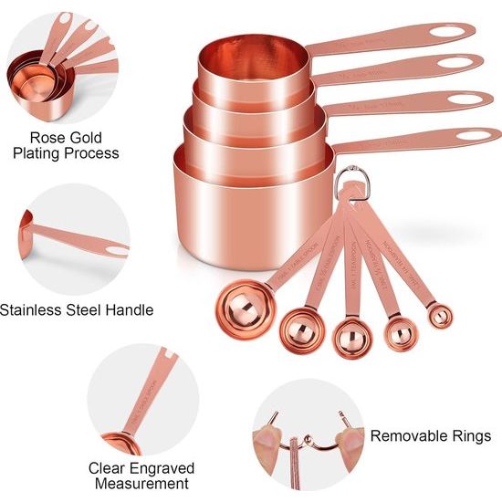 Maatbekers en maatlepels, 8 stuks, roestvrijstalen handgreep met metrische en Amerikaanse maten, goudgepolijst oppervlak, maatbeker voor droge en vloeibare ingrediënten, voor bakken en