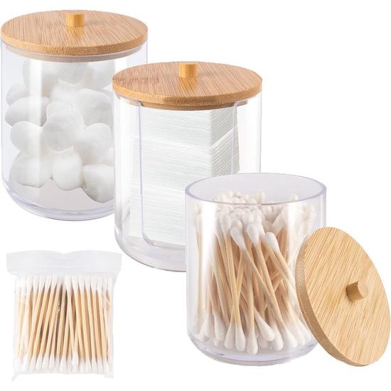 Set van 3 acryl Qtip-houders met bamboedeksels, wattenstaafjes/wattenschijfjes, opbergcontainers, kleine ronde wattenschijfhouder, wattenschijfhouder, blikjes, dispenser, pad-houder voor badkamerorganizer (transparant)