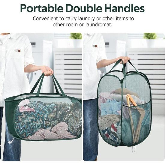 Opvouwbare wasmand, 2 stuks, 70 liter, pop-up wasmand, inklapbaar, groot met mesh, 36 x 36 x 58 cm, laundry manden met handgrepen, opvouwbare stoffen mand, statiegeldflessen, verzamelbak
