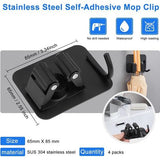 Bezemhouder, wandhouder, zelfklevend, bezemhouder, tuingereedschaphouder enz., voor binnen- en buitenlichaam, roestvrij staal, onafhankelijke doorn met haken (4 stuks), zwart