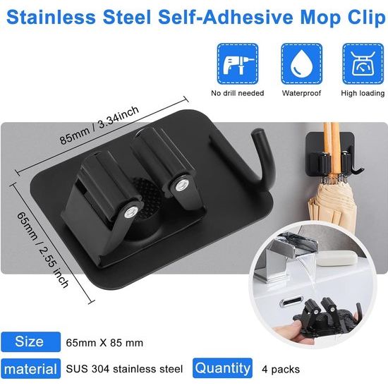 Bezemhouder, wandhouder, zelfklevend, bezemhouder, tuingereedschaphouder enz., voor binnen- en buitenlichaam, roestvrij staal, onafhankelijke doorn met haken (4 stuks), zwart