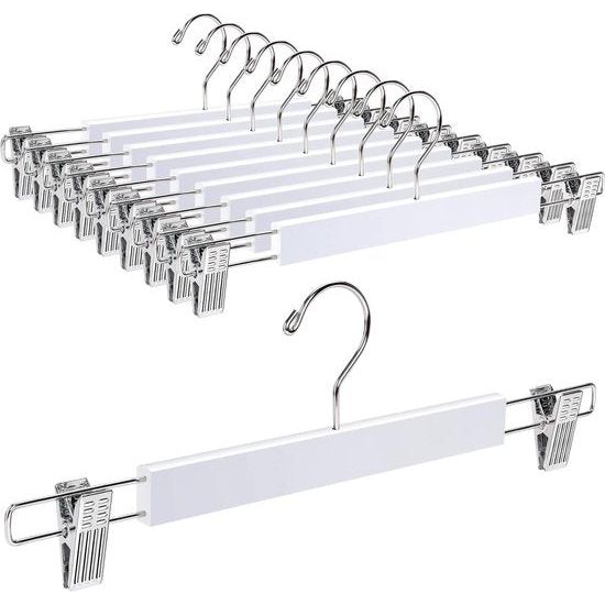 10 stuks 36 cm witte kleerhangers van hout, robuust en glanzend, ophanghaken voor broeken, shorts, rok, sokken, ondergoed, met antislip clips en draaibare haken