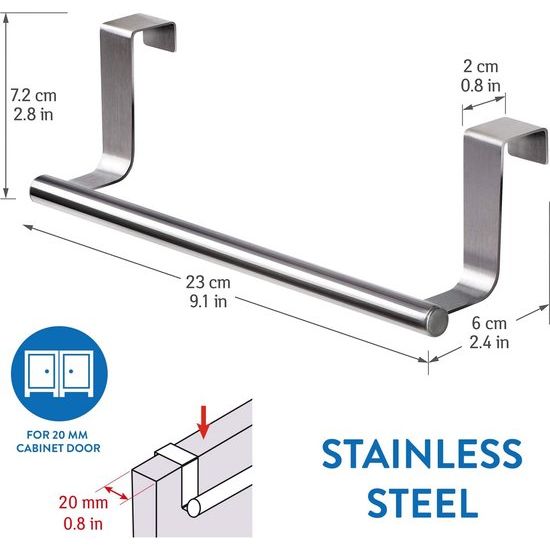 Tatkraft HORIZON 2 Pack RVS Kastdeur Handdoekrek voor de keukenkast of een andere deur - 23CM - Set Van 2 Stuks