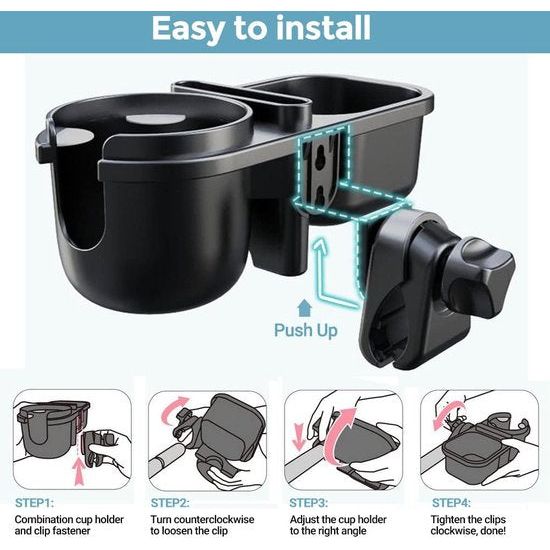 Drankhouder, kinderwagen met opbergdoos en smartphonehouder, universele flessenhouder voor fiets, 360° rotatie, bekerhouder voor elektrische scooter, winkelwagen, rolstoel, rollator, babyzitje