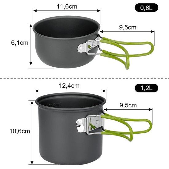 Camping kookgerei, set van aluminium, outdoor kookgerei met opvouwbaar bestek, campingservies voor 2 personen, campingservies voor wandelen, vissen, picknick