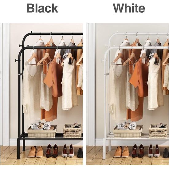 Kledingrek met 2 kledingstangen, multifunctionele kapstok van metaal met 1 plank en 4 haken, voor kleding, tassen en schoenen