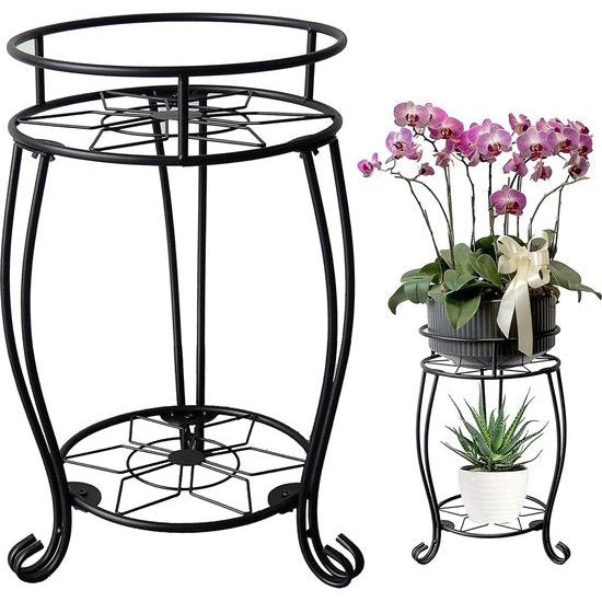 2-laags metalen plantenstandaard 2-laags plantenplank 49cm hoog binnen buiten roestvrij zwart geschilderd ijzer bloemenstandaard voor tuin terras balkon