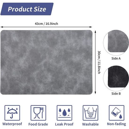 Afwasbare placemat, leeg, placemat, set van 6 stuks, PU-leeg, dubbelzijdig waterdicht, antislip, hittebestendig, voor thuis, restaurant, premium hotel, 43 x 30 cm, zwart wit