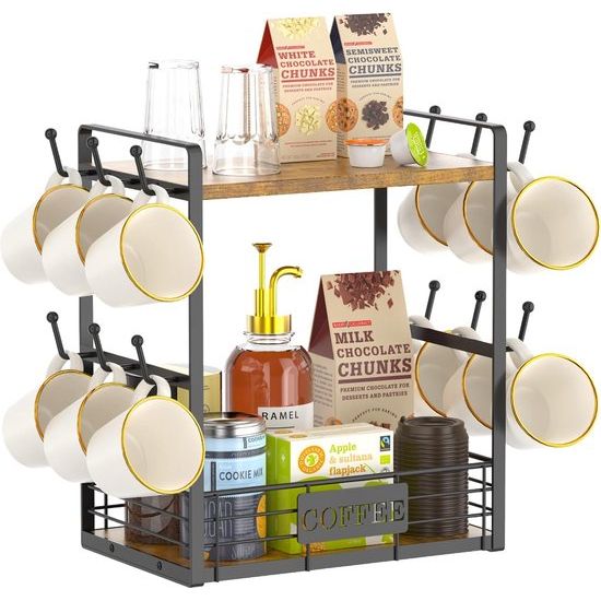 2-laags bekerhouder standaard voor werkblad, 12 haken bekerrek muur met opbergmand, vintage metalen houten bekerstandaard bekerorganizer voor K Cup koffiebar keuken, zwart