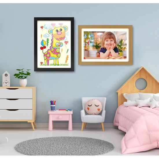 Kinderfotolijst A4, wandmontage, max. 150 vel, kinderkunstwerk, tekening, opbergruimte, zwart