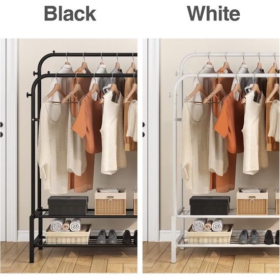 Kledingrek met 2 kledingstangen, kapstok van metaal met 2 lagen vloerplanken en 4 haken, tassen en schoenen opbergen, geschikt voor slaapkamer en woonkamer