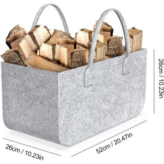 Zak brandhout vilt grijs met handvatten, 52 x 26 x 26 cm vilten tas, boodschappentassen, vilten tas, houten mand voor brandhout, speelgoed en kranten, vilten tas Shopper 35 L inhoud brandhout