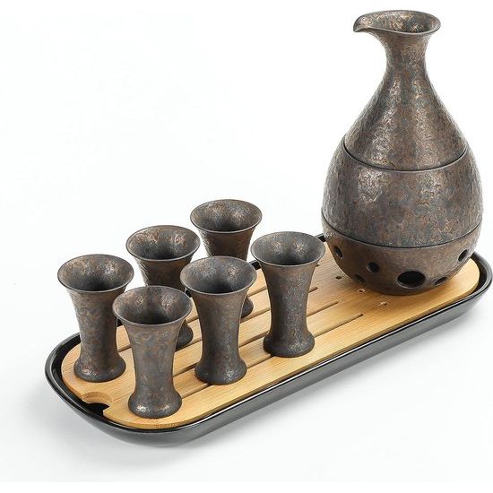 Japanse Sake-set, Sake-karaf (170 ml) met 6 Sake-bekers (25 m) voor warme of koude Soju-alcohol met portie Bambo Dienblad Geschenksets 10 stks/set, T4, Normale Krafbox