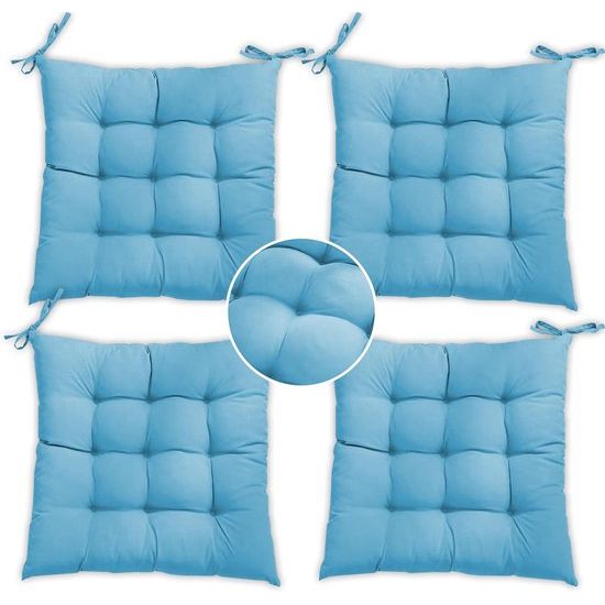 Set van 4 zitkussens, 40 x 40 x 3 cm zitkussens met riemen, geschikt voor alle soorten binnen- en buitenstoelen, zacht gevoerde kussens/vloerkussens (aqua)