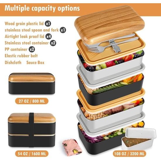 Bento Box in Japanse stijl, 2-traps lunchbox met 2 stuks milieuvriendelijke PP-containers en roestvrijstalen containers, broodtrommel met vakken voor kinderen en volwassenen, snackverpakking