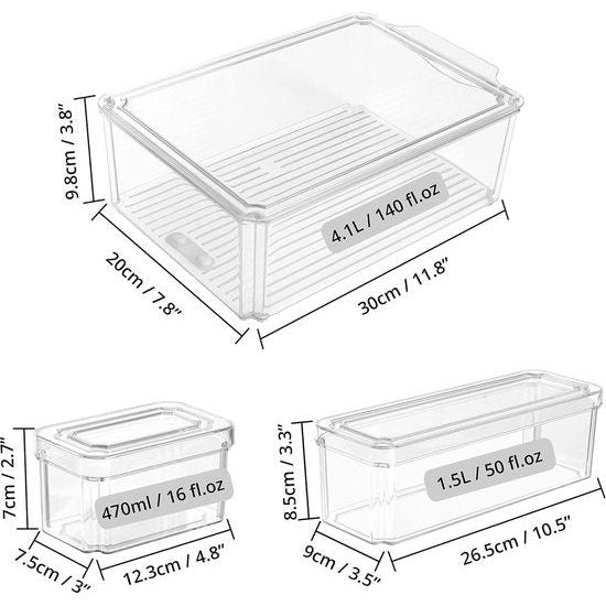 Kunststof koelkastorganizer met deksel, stapelbaar, BPA-vrije keukenorganizer, voor opslag en organisatie in de keuken, transparant voorraadkast en koelkast.