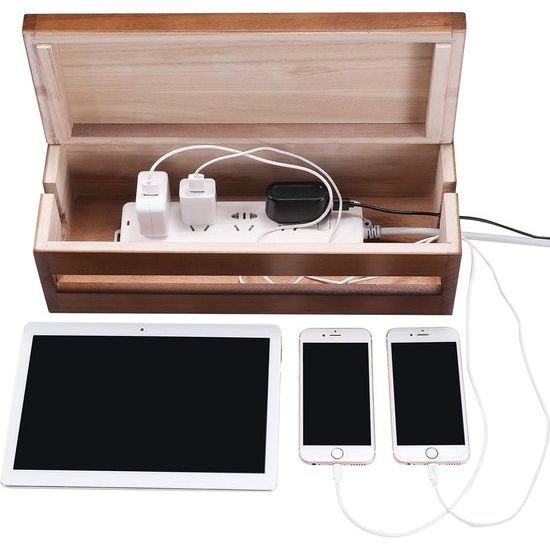Houten Kabelbeheerbox voor Verlengkabels Stekkerdozen Overspanningsbeveiliging Kabelbeheer Concealer Organizer Cover voor Bureau Thuiskantoor Keuken (Bruin)