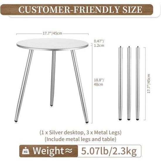 Bijzettafel rond houten tafel: modern luxe zilver klein houten bijzettafel voor woonkamer met 3 tafelpoten van metaal kleine outdoor bank tafels voor de tuin, 45 x 45 cm