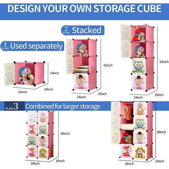 Uitbreidbaar kinderrek, kledingkast, trappenrek, boekenrek met deuren, diepere vakken dan normaal (45 cm vs. 35 cm) voor meer ruimte, 75 x 47 x 147 cm, roze