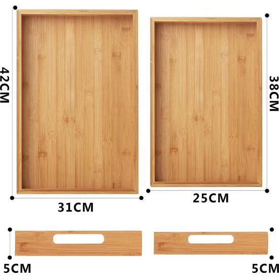 Bamboe dienblad, set van 2, groot en klein houten dienblad met handgrepen, rechthoekig keukenblad (42 × 32 cm, 38 × 25 cm)