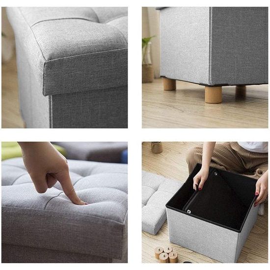 Zitkist, zitkruk, opvouwbare voetenbank met opbergruimte en deksel met houten poten, lichtgrijs, 38 x 38 x 38 cm