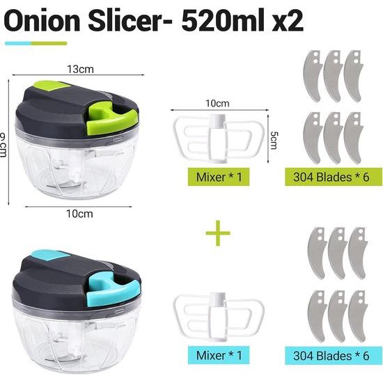 Handleiding - 2 stuks 520ml uienhakselaar handmatig (1 groen en 1 blauw) multihakselaar voor het snijden van uien knoflook, uienhakselaar uiensnijder