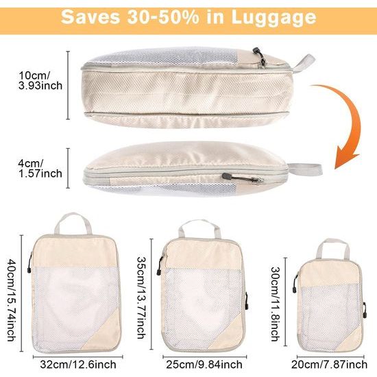 Kofferorganizer, Packing Cubes, compressiekoffer, organizer, set, waterdichte kofferorganizer, paktassen voor koffer, reizen, benodigdheden, uitbreidbaar, reistas, organizer voor handbagage, beige, 3