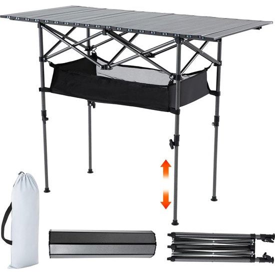 Opvouwbare campingtafel, klaptafel, campingtafel voor 4-6 personen, opvouwbare tuintafel voor buiten met netplank, opbergtas, in hoogte verstelbare klaptafel met oprolbaar tafelblad en draagtas