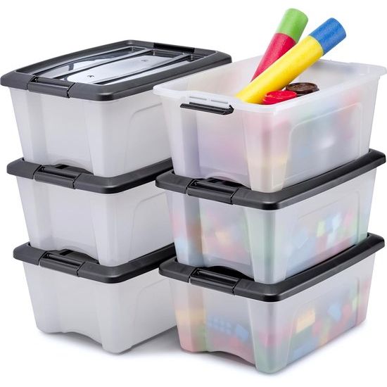 Plastic Storage Box, 15L Office Storage Box, Set of 6, BPA-Free, NTB-15, White, Stackable, Locking Clips? W39.5 x D29 x H18.5 cm