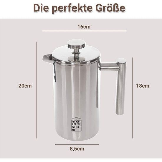 NOUTEN Premium roestvrijstalen French Press 0,6 l – isolerende werking dankzij dubbelwandige constructie – schaal voor perfecte bereiding – inclusief reservefilters – 2 jaar geld terug