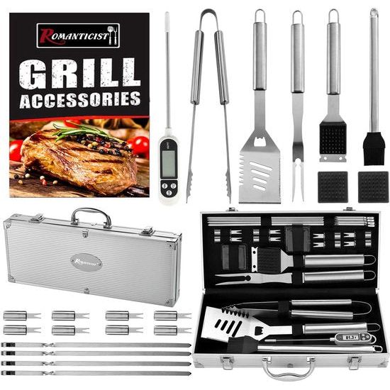 21 stuks grillbestek, koffer + BBQ thermometer, roestvrij staal, grill-accessoires, grillset voor mannen, papa en vrouwen