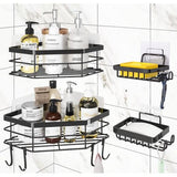 Doucheplank zonder boren, 4 stuks badkamerrek met 4 haken, roestvrij staal, zwart, doucherek voor shampoo en douchegel