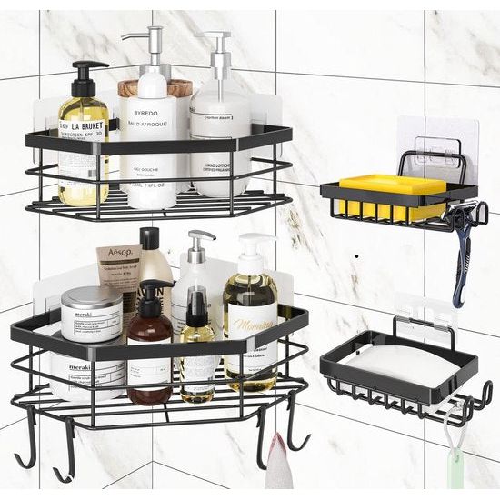 Doucheplank zonder boren, 4 stuks badkamerrek met 4 haken, roestvrij staal, zwart, doucherek voor shampoo en douchegel