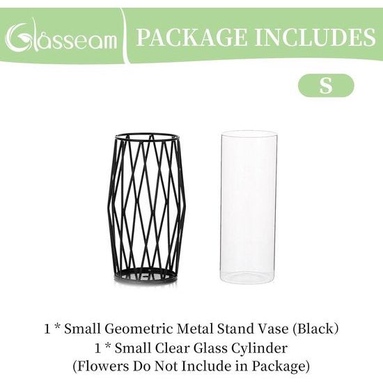 Glazen bloemenvaas met geometrische metalen plankstandaard, kristalheldere terrariumplantenbak, knopglasvazen voor bloemen, hydrocultuurplant, middelstuk voor bruiloft op thuiskantoor, zwart, 21,5 cm