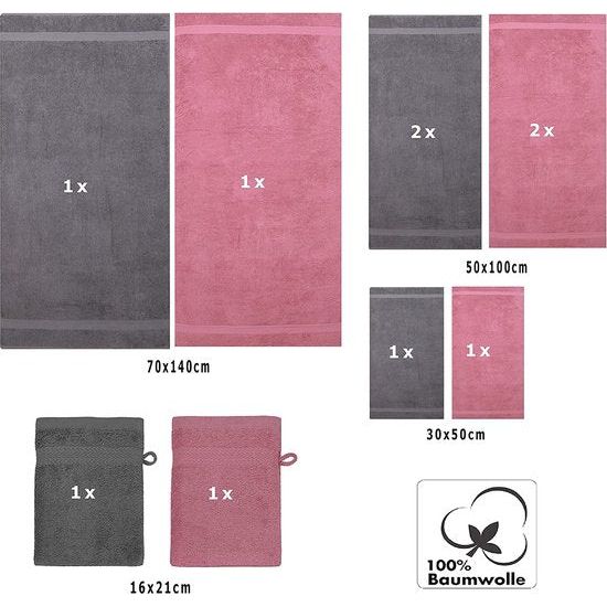 10-delige handdoekenset "Premium" oudroze & antraciet, kwaliteit 470 g/m², 2 badhanddoeken 70 x 140 cm, 4 handdoeken 100 x 50 cm, 2 gastendoekjes 30 x 50 cm, 2 washandschoenen
