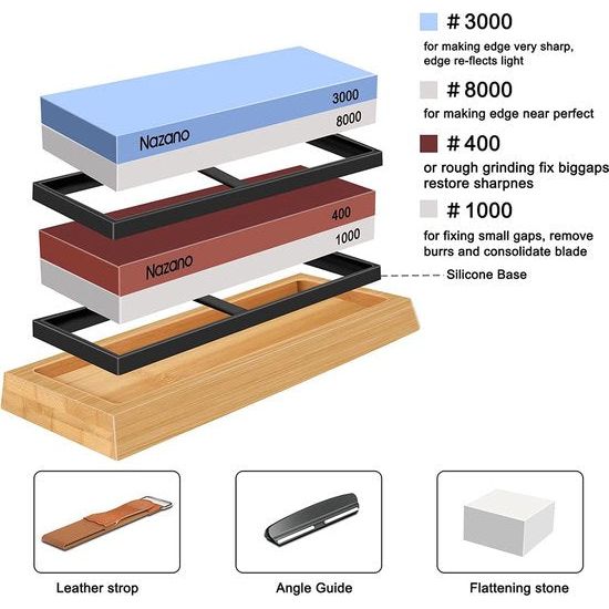 Slijpsteenset mes 8 accessoires - Nazano professionele slijpsteen voor messen 4 zijden 400/1000 3000/8000 grit messenslijper met bamboe basis lepsteen strop hoekgeleider