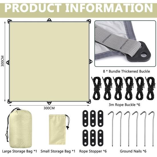 3x3M waterdicht, campingzeil tentzeilen met oogjes + nylon touwen + grondpin, uv-sneeuwregenzonbescherming, ultralicht draagbaar voor campingpicknickhangmat buitenactiviteiten