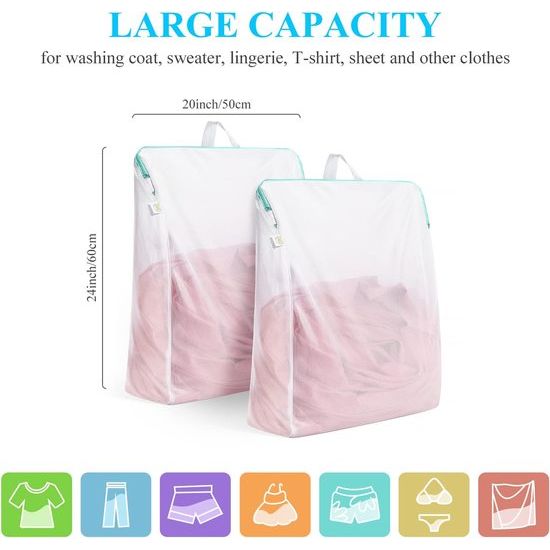 Waszakken groot met handgrepen, 50 x 60 cm, set van 2 met YKK-ritssluiting, fijnmazig voor wasmachine, herbruikbare waszak voor college, slaapzaal en woning