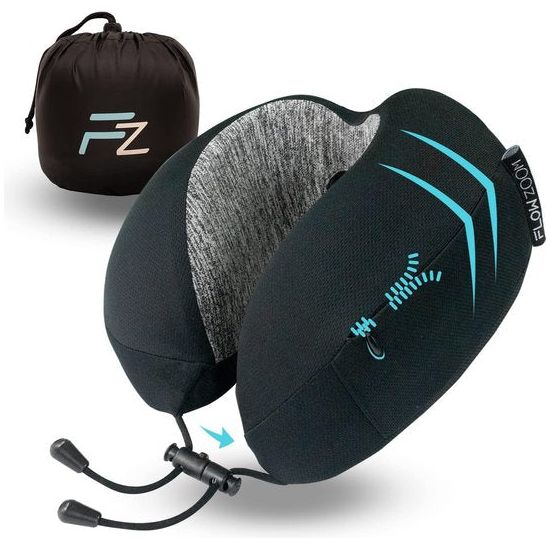 Nekkussen, reiskussen voor vliegtuig en auto, van zacht traagschuim met smal rugdeel en wasbare overtrek (fluweelzacht en ademend), zwart