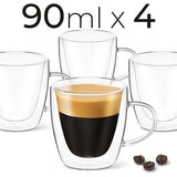 Espressokopjes met handvat set (90ml - set van 4) dubbelwandige espressoglazen - glazen van borosilicaatglas - espressoglas espressokopje met handvat van thermisch glas