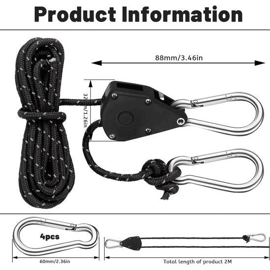 Klik op de afbeelding voor een uitgebreide weergave Set van 4 ratelhangers Verstelbare touwhanger 4M, 1/8 inch Rateltouw Trekratel Ratelhaak Verstelbare touwhaak Ratel Touwratel voor kamerplanten Buitentent (zwart)