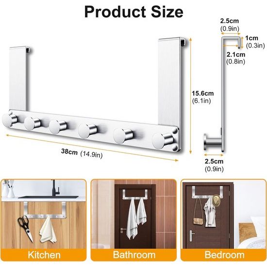 Deurhaak om op te hangen, deurgarderobe met 6 haken, roestvrij staal, kledinghaken, deur voor keuken, badkamer, hal en slaapkamer