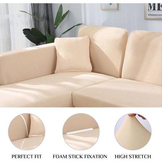 Bankhoes, L-vorm, 2-delige hoes, links, rechts, rekbaar, met 2 kussenhoezen, afneembaar, universeel, elastische bank, bankhoes, voor hoekbank, voor 3 + 4-zits, beige