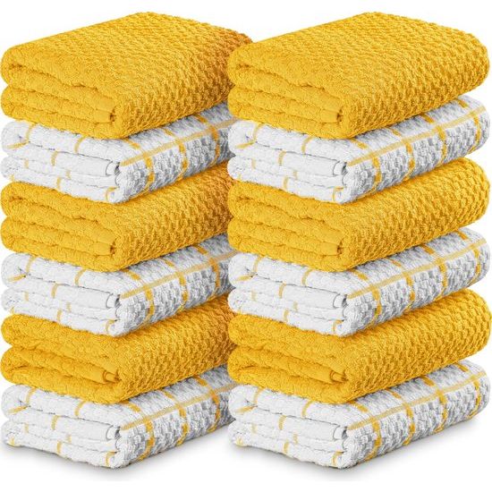Set van 12 theedoeken, 38 x 64 cm, katoenen theedoeken, machinewasbaar (geel en wit)