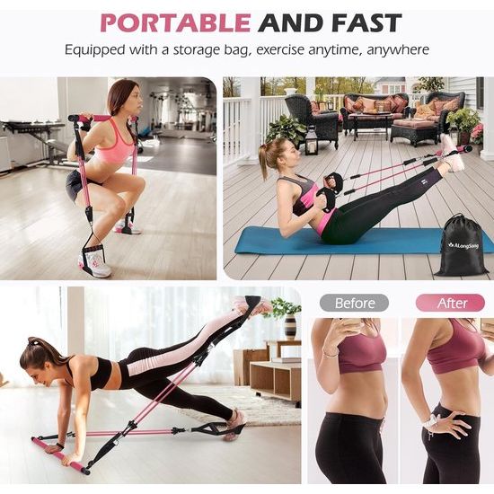 Fitnessbanden Pilates-barset met 6 weerstandsbanden 20/30/40lbs of 30/40/50lbs, weerstandsbanden verstelbaar en afneembaar, Pilates-stang, handgrepen, deuranker