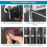 Bezemhouder muur, gereedschapshouder RVS met 2 houders en 3 haken, bezemsteelhouder, tuingereedschaphouder muur, muurbevestiging, bezemhouder voor badkamer, tuin, garage