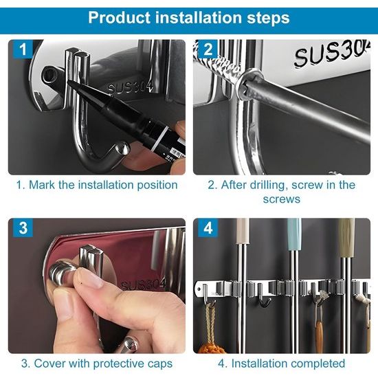 Bezemhouder muur, gereedschapshouder RVS met 2 houders en 3 haken, bezemsteelhouder, tuingereedschaphouder muur, muurbevestiging, bezemhouder voor badkamer, tuin, garage