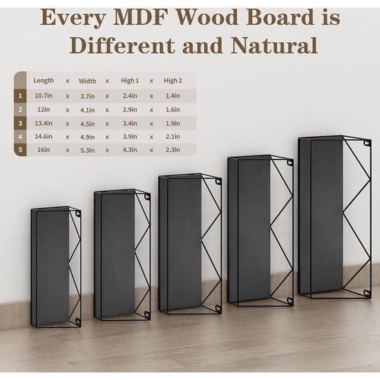 Set van 5 wandplanken, zwevende planken met zwarte metalen staven en zwarte houten plank, rustieke plankenwand voor keuken, badkamer, slaapkamer, woonkamer en kantoor (M-vormig)