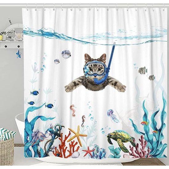 Shower Curtain Diving Cat Ocean Print Turtle Fish Starfish Waterproof Bath Curtain Durable Polyester 180 x 180 cm Modern Bathroom Decoration Accessories Comes with 12 Shower Curtain Rings